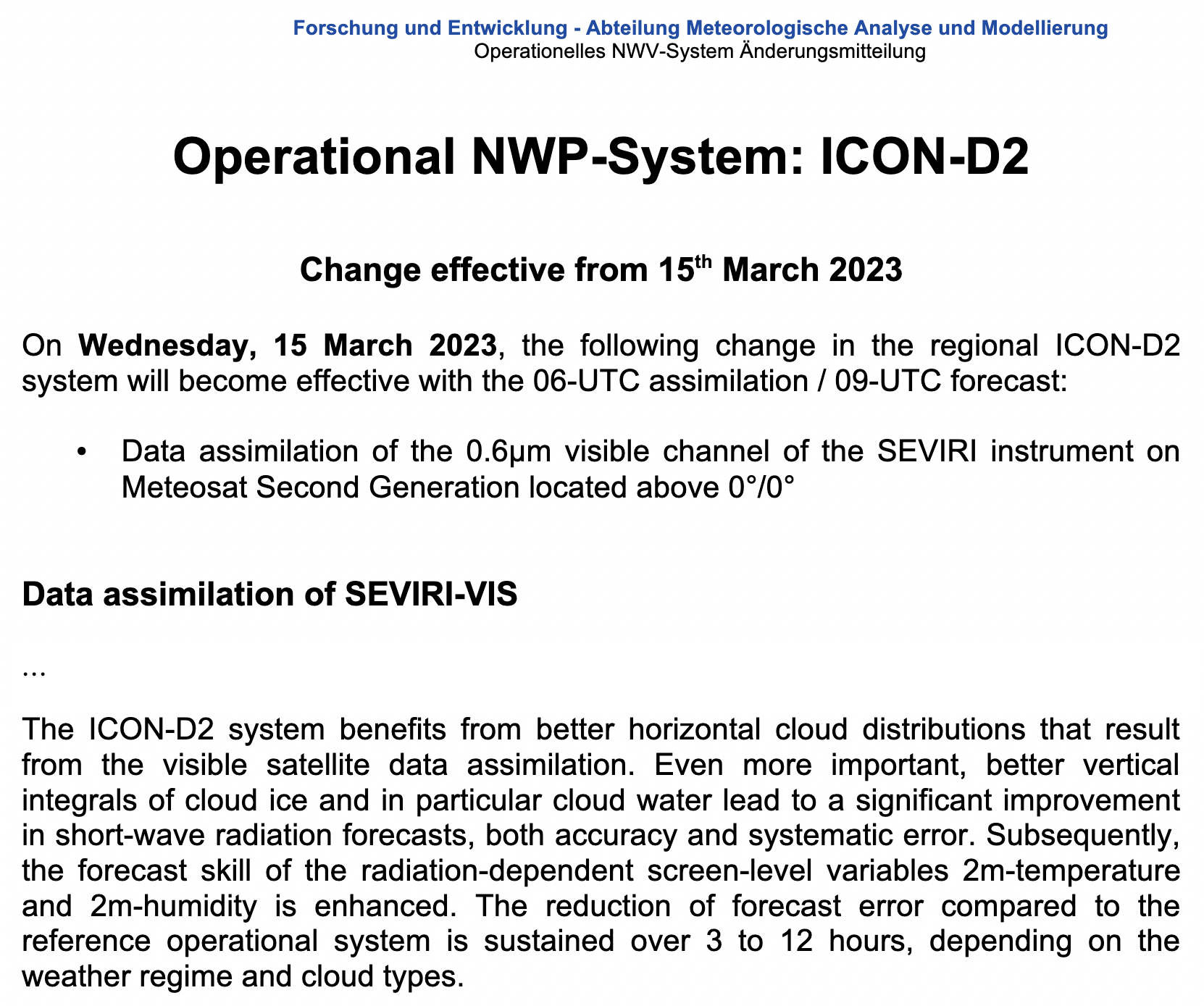 DWD announcement of the operational assimilation of visible SEVIRI observations in ICON-D2