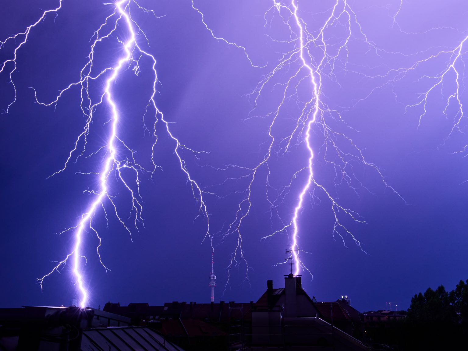 Lightning photographed at night